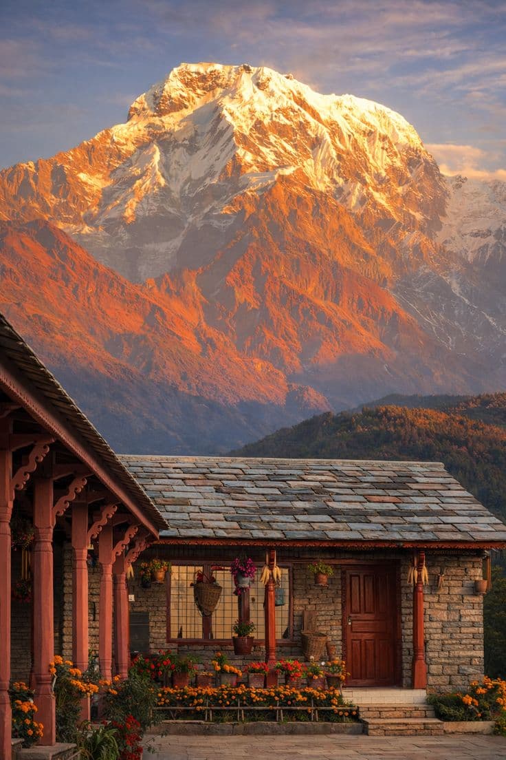 Terraced hills and Himalayan landscape in Nepal