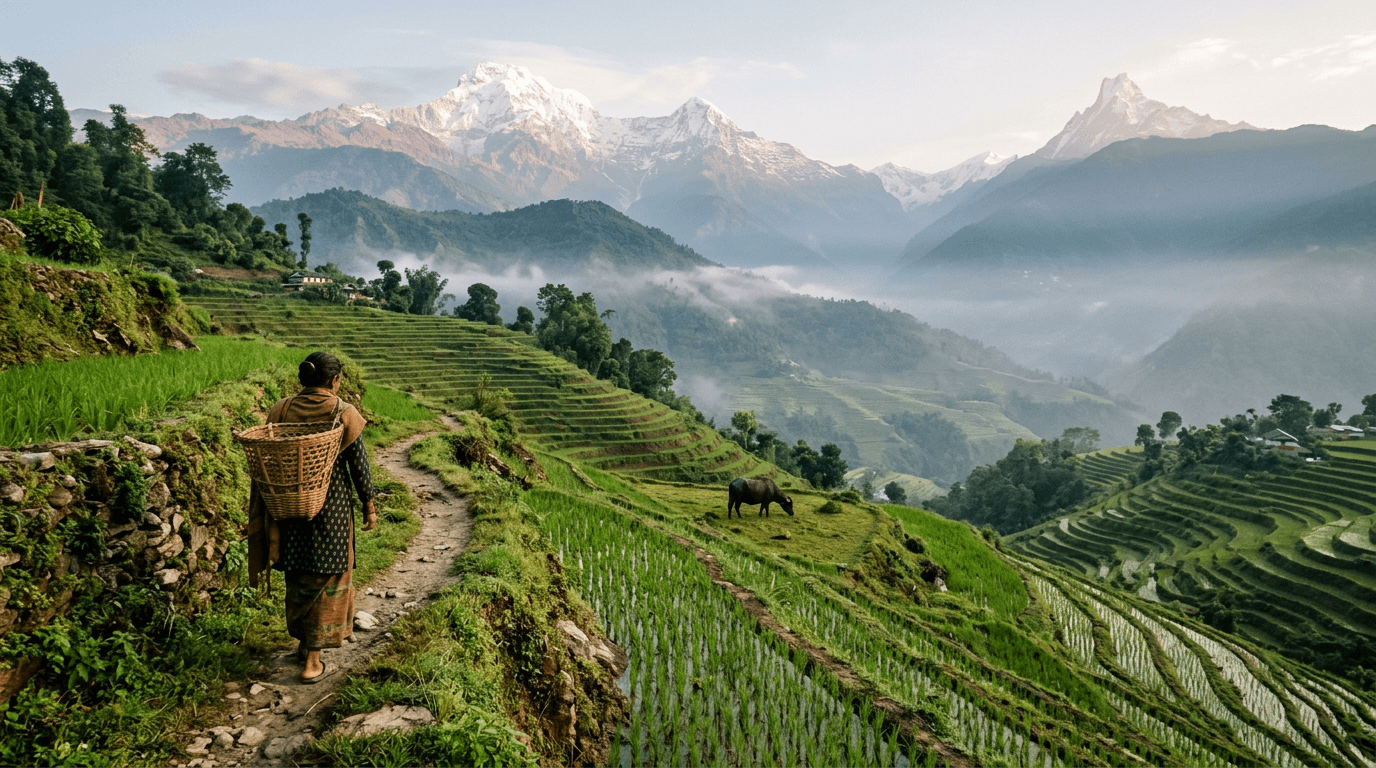 Terraced hills and Himalayan landscape in Nepal